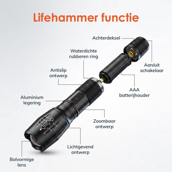 Zaklamp LED - Zoom functie - Militaire zaklampen - 2 stuks - IP65 Waterdicht - Op batterijen